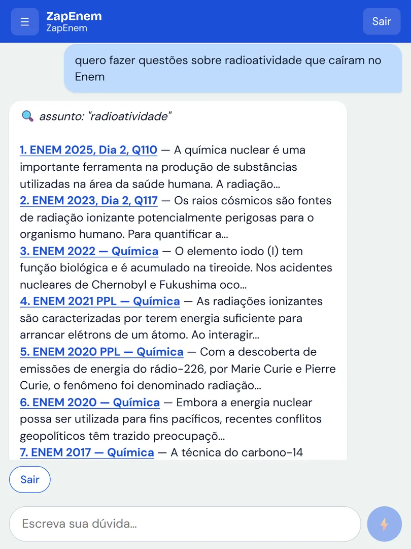Print real do ZapEnem buscando no acervo questões sobre radioatividade de vários anos do ENEM