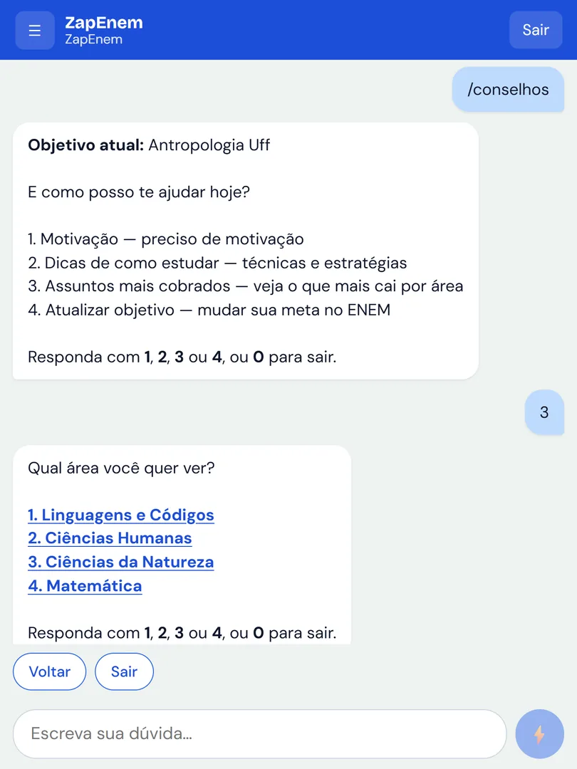 Print real do ZapEnem mostrando o menu de conselhos de estudo e a lista de assuntos mais cobrados por área