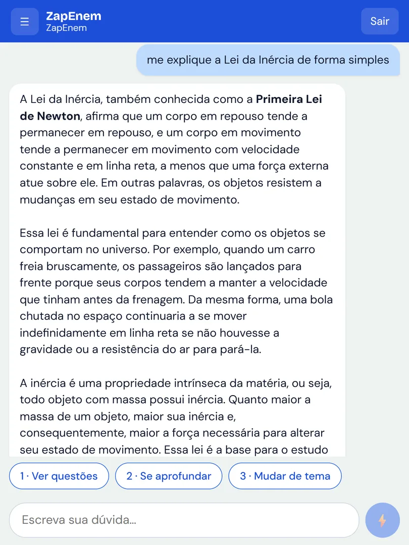 Print real do ZapEnem explicando a Lei da Inércia numa dúvida de Física