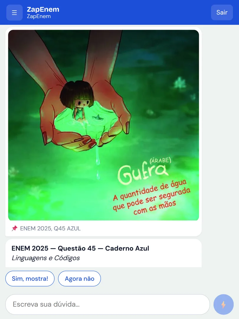 Print real do ZapEnem mostrando a questão 45 do ENEM 2025 com a ilustração original da prova