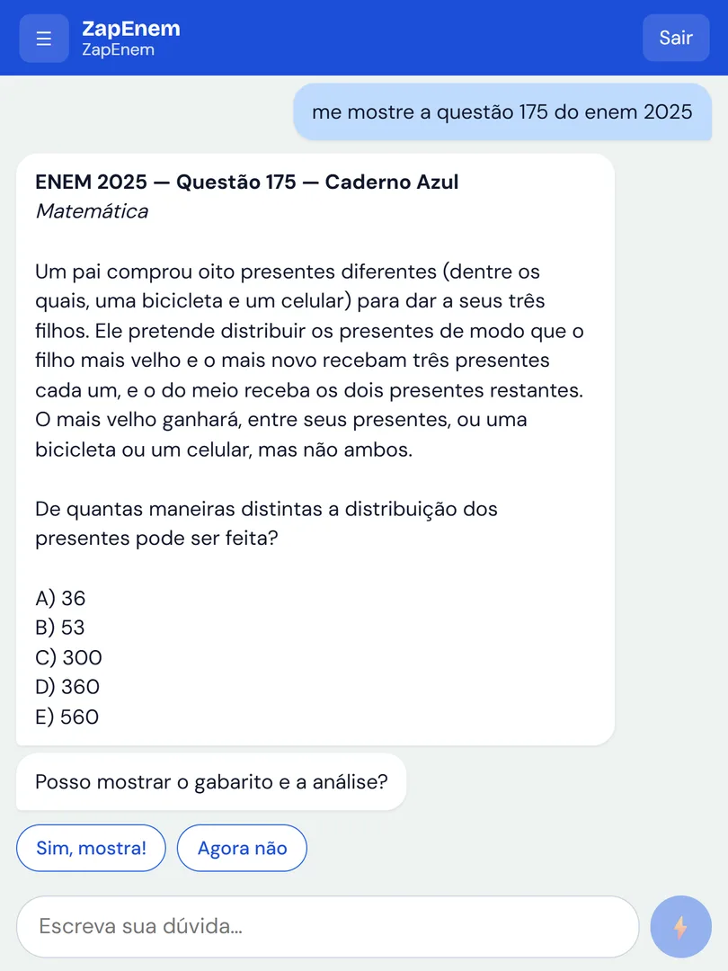 Print real do ZapEnem mostrando o enunciado completo da questão 175 do ENEM 2025