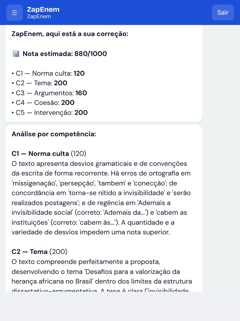 Print real do ZapEnem corrigindo uma redação: nota 880/1000 e as 5 competências