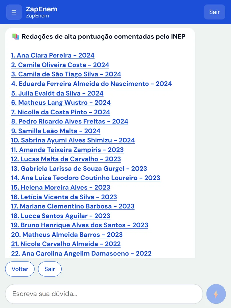 Print real do ZapEnem mostrando a lista de redações nota alta comentadas pelo INEP